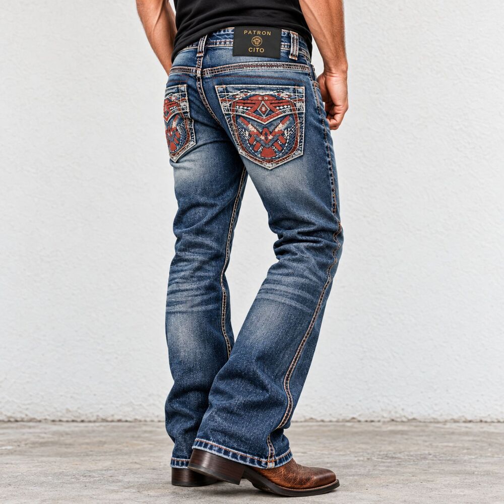 PatronCito Men's Dirty-Blue Bootcut Embroidered Stretch Jeans
